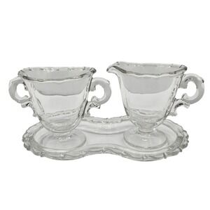 Fostoria Vintage‎ Glass Cream & Sugar with Tray Scalloped Edge Set